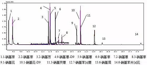 图1 硝基多环芳烃NPAHs及内标准品溶液（10 μg/L）的TIC谱图